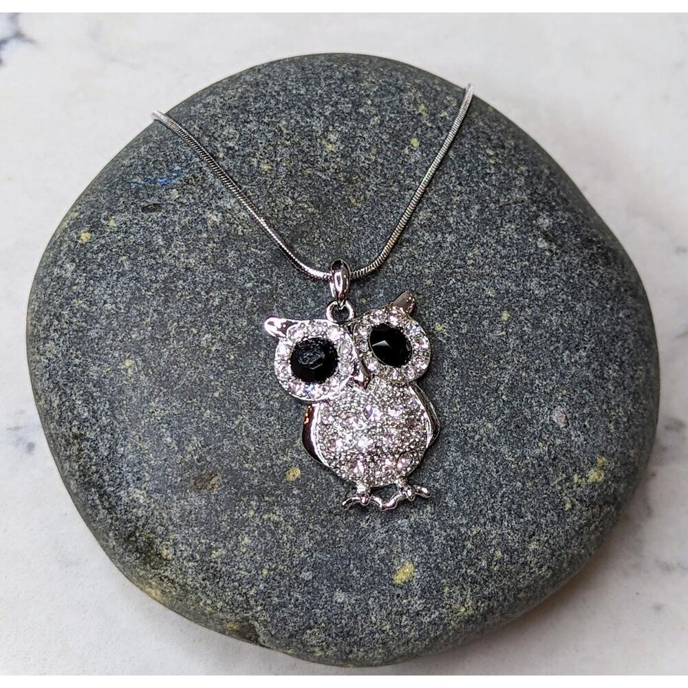 Large Owl Necklace White Gold Plated Pendant with Crystals